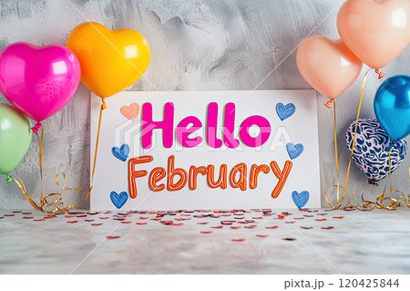 phrase "Hello February" with red background hearts copyspace 120425844