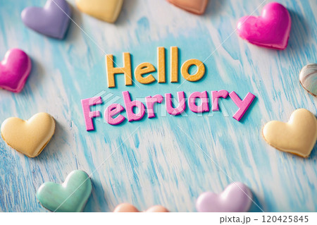 phrase "Hello February" with red background hearts copyspace phrase "Hello February" with red background hearts copyspace 120425845