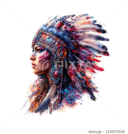 Vibrant, captivating portrait of a Native American woman wearing a colorful headdress with beads, feathers, and intricate patterns against a dynamic, splattered background. 120425926