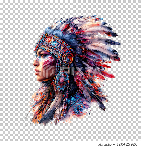 Vibrant, captivating portrait of a Native American woman wearing a colorful headdress with beads, feathers, and intricate patterns against a dynamic, splattered background. 120425926