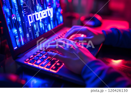 Man sitting in front of laptop with the word property on the screen for cyber law concept 120426130