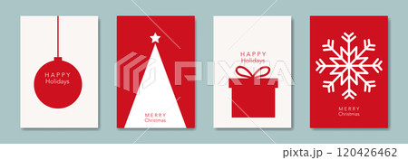 Set Christmas card in modern minimalist geometric style, red and white backgrounds, elements for calendar and greetings cards or Happy New Year themed winter holiday invitations  120426462