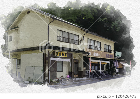 水彩画風　帝釈峡　弥生食堂　貸自転車　広島県庄原市 120426475