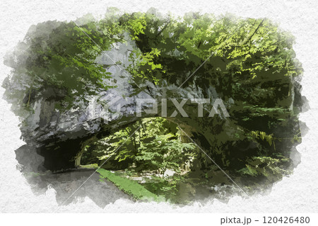水彩画風　帝釈峡　雄橋　広島県庄原市 120426480