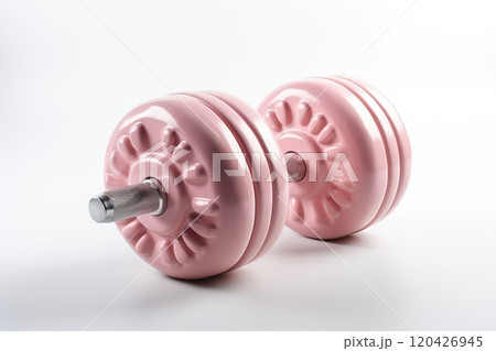 Small barbell with pink weight plates on a white background. Small barbell with pink weight plates on a white background. 120426945