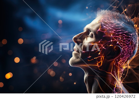 Brain impulses in a human head against the background of the universe. 120426972