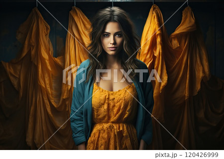 Portrait of a girl in a yellow dress and a blue sweater against a background of yellow fabric and a black wall. 120426999