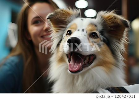 veterinarian examines a dog teeth. Consultation with a veterinarian. Close up of a dog and fangs. Animal clinic. 120427011