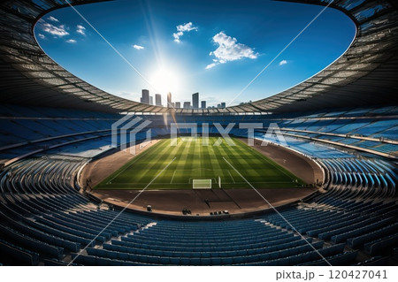 Sports arena without fans and football players, view of the football arena from a wide top angle. 120427041
