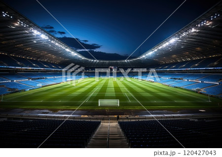 Wide angle top view of a night and illuminated football arena. Wide angle top view of a night and illuminated football arena. 120427043