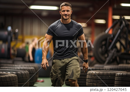 Male athlete in the gym with car tires. Male athlete in the gym with car tires. 120427045
