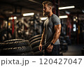 Male athlete in the gym with car tires. 120427047