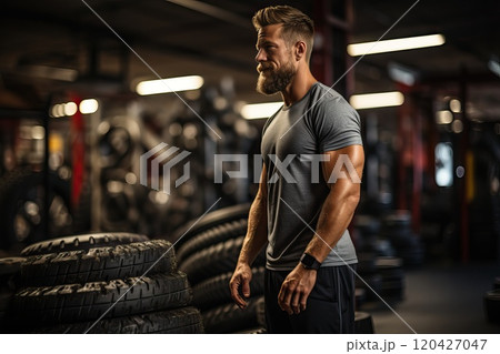 Male athlete in the gym with car tires. 120427047