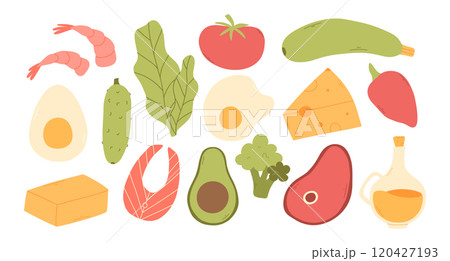Set of keto diet elements. Vector illustration. Flat style. Keto diet food. 120427193