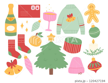 Set of Christmas elements isolated on white background. Vector illustration. Collection of Christmas decorations. 120427194