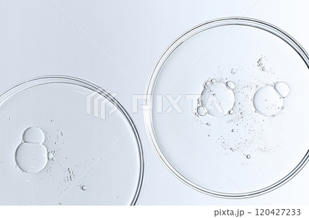 The texture of a cosmetic serum or body gel in a Petri dish. 120427233