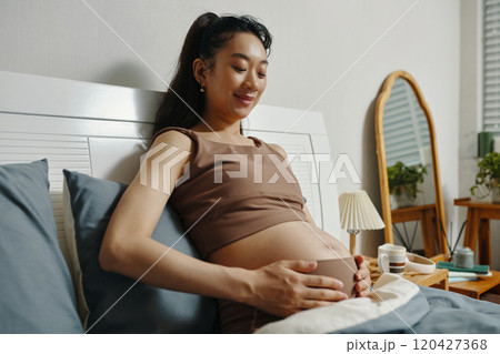 Pregnant Woman Resting in Cozy Bedroom Setting Pregnant Woman Resting in Cozy Bedroom Setting 120427368