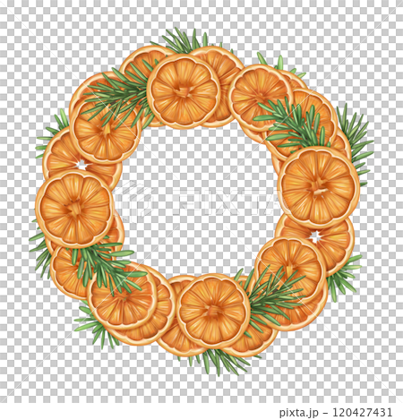 Christmas wreath of oranges, fir branches. Handmade eco Christmas toy, winter organic decorations, seasonal handmade garland. Sustainable Xmas, zero waste concept celebration. Isolated illustration 120427431