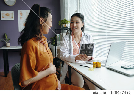Discussing Ultrasound Results with Pregnant Patient in Clinic Discussing Ultrasound Results with Pregnant Patient in Clinic 120427457
