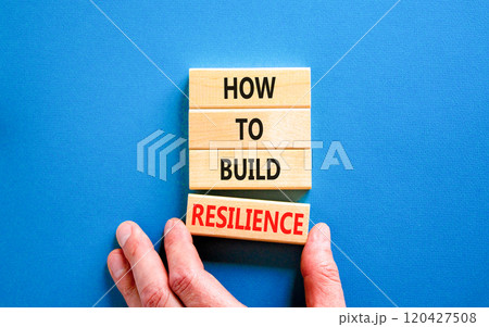 How to build resilience symbol. Concept words How to build resilience on beautiful wooden blocks. Businessman hand. Beautiful blue background. Business and how to build resilience concept. Copy space 120427508