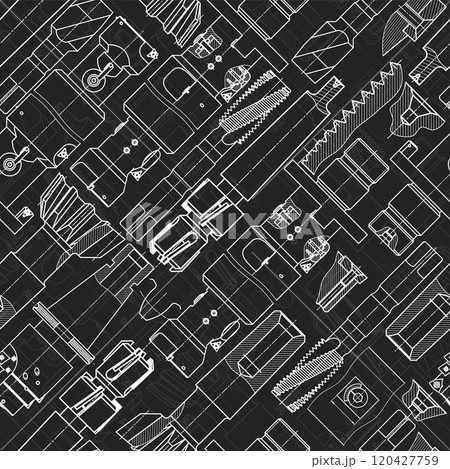 Mechanical engineering drawings on black background. Tap tools, borer. Technical Design. Cover. Blueprint. Seamless pattern. Vector illustration. Mechanical engineering drawings on black background. Tap tools, borer. Technical Design. Cover. Blueprint. Seamless pattern. Vector illustration. 120427759