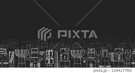 Mechanical engineering drawings on black background. Tap tools, borer. Technical Design. Cover. Blueprint. Seamless pattern. Vector illustration. Mechanical engineering drawings on black background. Tap tools, borer. Technical Design. Cover. Blueprint. Seamless pattern. Vector illustration. 120427760