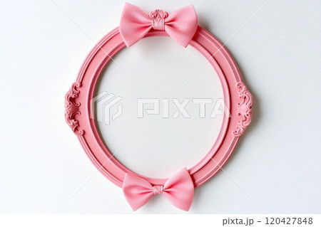 luxury pink ribbon frame with bow wrapped cross on gift box corner isolated on white background, simple ribbon tied bow for presents or greeting card decorating,  120427848