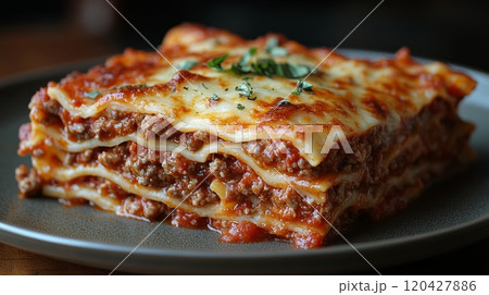 Traditional lasagna with meat sauce and cheese, close-up view. Comfort food and Italian cuisine concept Traditional lasagna with meat sauce and cheese, close-up view. Comfort food and Italian cuisine concept 120427886