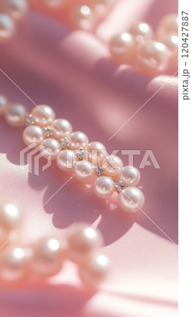 Pearl jewelry on pink satin with soft lighting, elegance and luxury concept Pearl jewelry on pink satin with soft lighting, elegance and luxury concept 120427887