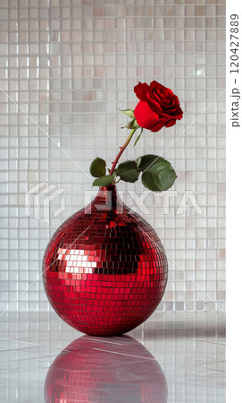 Red rose in a reflective disco ball vase on a tiled background 120427889