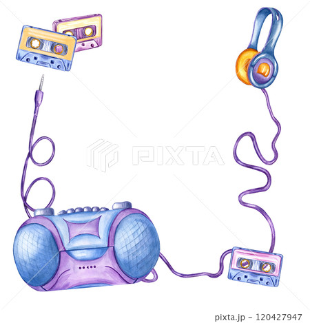Watercolor audio cassette, boombox player, headphone square frame with empty space for text. Tape recorder, audio accessories, earpiece for listening to music in 90s, Y2K style. Musical illustration. 120427947