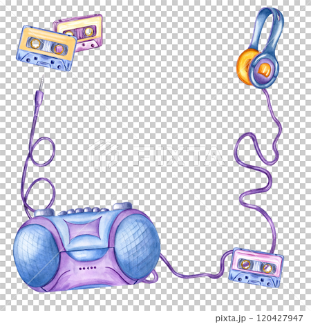 Watercolor audio cassette, boombox player, headphone square frame with empty space for text. Tape recorder, audio accessories, earpiece for listening to music in 90s, Y2K style. Musical illustration. 120427947