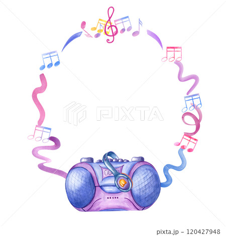 Audio cassette player with wired headphones. Tape recorder and Earpieces for listening to music. Retro 90s, Y2K style. Musical accessories. Watercolor illustration for poster, greeting, stationery 120427948