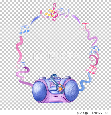 Audio cassette player with wired headphones. Tape recorder and Earpieces for listening to music. Retro 90s, Y2K style. Musical accessories. Watercolor illustration for poster, greeting, stationery 120427948
