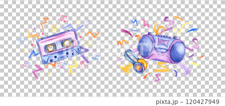 Retro cassette tape, headphones and cassette boombox player surrounded by colorful music notes and line doodles. Watercolor illustration for nostalgic music themed projects and artistic endeavors. 120427949