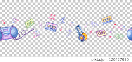 Watercolor headphones, audio cassette, tape recorder, sounds of music and musical notes seamless horizontal banner. Color nostalgic 90s or Y2K illustration for textile, party design Watercolor headphones, audio cassette, tape recorder, sounds of music and musical notes seamless horizontal banner. Color nostalgic 90s or Y2K illustration for textile, party design 120427950