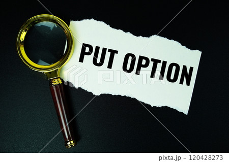 Put Option text with magnifying glass top view on pink background 120428273