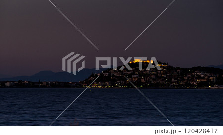 Night scene of Astros town with old castle Greece 120428417