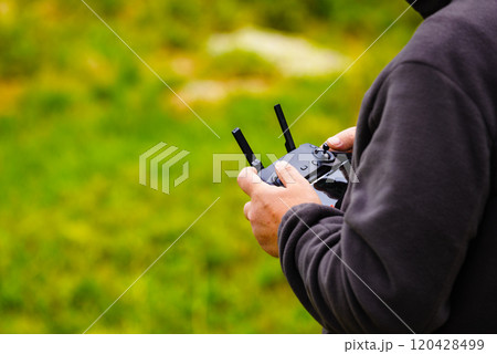 Pilot navigating drone with remote control Pilot navigating drone with remote control 120428499