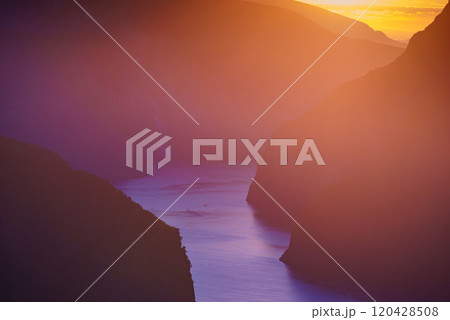 Fjord landscape at sunset, Norway Fjord landscape at sunset, Norway 120428508