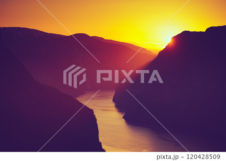 Fjord landscape at sunset, Norway Fjord landscape at sunset, Norway 120428509