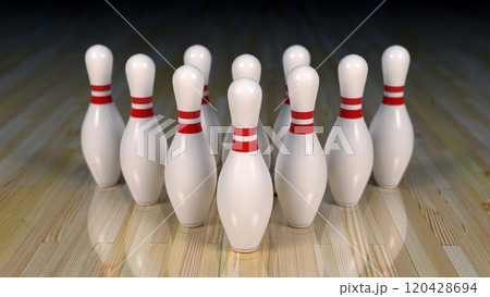 Aligned Bowling Pins and Wood Floor 120428694