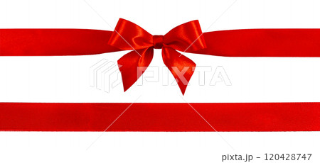 Beautiful red satin bow and ribbon for present isolated on white 120428747