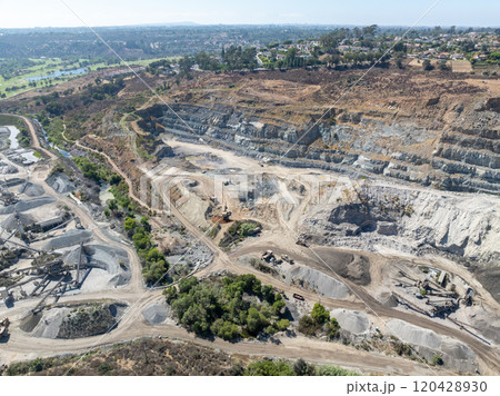 Aerial view of industrial sand and gravel quarry site In San Diego, USA Aerial view of industrial sand and gravel quarry site In San Diego, USA 120428930