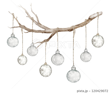 Watercolor Christmas dry branch with hanging balls a isolated white background. Rustic ornaments with vintage glass toys. Winter celebrate holiday decoration hand drawn for templates and invitations. Watercolor Christmas dry branch with hanging balls a isolated white background. Rustic ornaments with vintage glass toys. Winter celebrate holiday decoration hand drawn for templates and invitations. 120429072