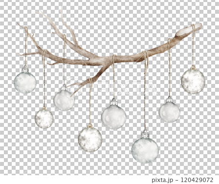 Watercolor Christmas dry branch with hanging balls a isolated white background. Rustic ornaments with vintage glass toys. Winter celebrate holiday decoration hand drawn for templates and invitations. Watercolor Christmas dry branch with hanging balls a isolated white background. Rustic ornaments with vintage glass toys. Winter celebrate holiday decoration hand drawn for templates and invitations. 120429072