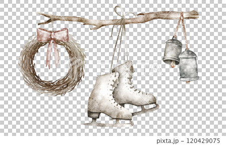 Watercolor illustration of winter decorations hanging on a dry wooden branch. Includes a wreath with a bow, vintage ice skates, and metallic bells. For seasonal, Christmas, or holiday-themed designs. Watercolor illustration of winter decorations hanging on a dry wooden branch. Includes a wreath with a bow, vintage ice skates, and metallic bells. For seasonal, Christmas, or holiday-themed designs. 120429075