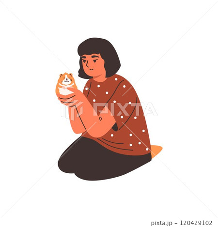 Vector illustration of a teenage girl sitting and holding a small red hamster in her hands. 120429102