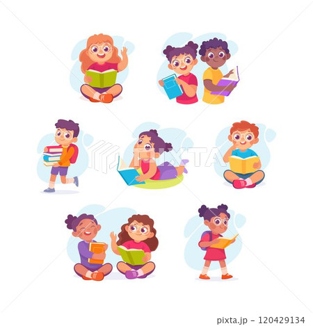 Pretty Boy and Girl Reading Book Engaged in Recreation Activity Vector Illustration Set Pretty Boy and Girl Reading Book Engaged in Recreation Activity Vector Illustration Set 120429134