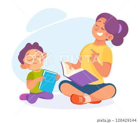 Mom with Pretty Son Reading Book Sitting on Floor Vector Illustration 120429144